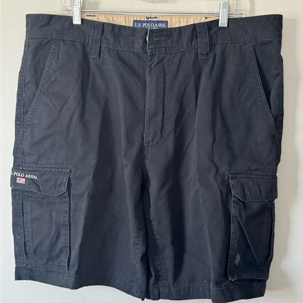 U.S. Polo Association Mens Cargo Shorts Size 38 Black Big Pockets 100% Cotton